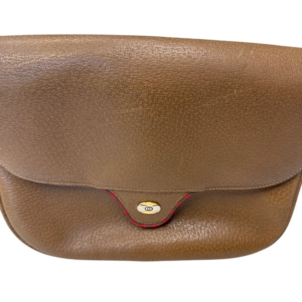 Vintage Gucci Brown Pebbled Leather Shoulder Bag W/Gold Hardware & Red Trim - Picture 15 of 16